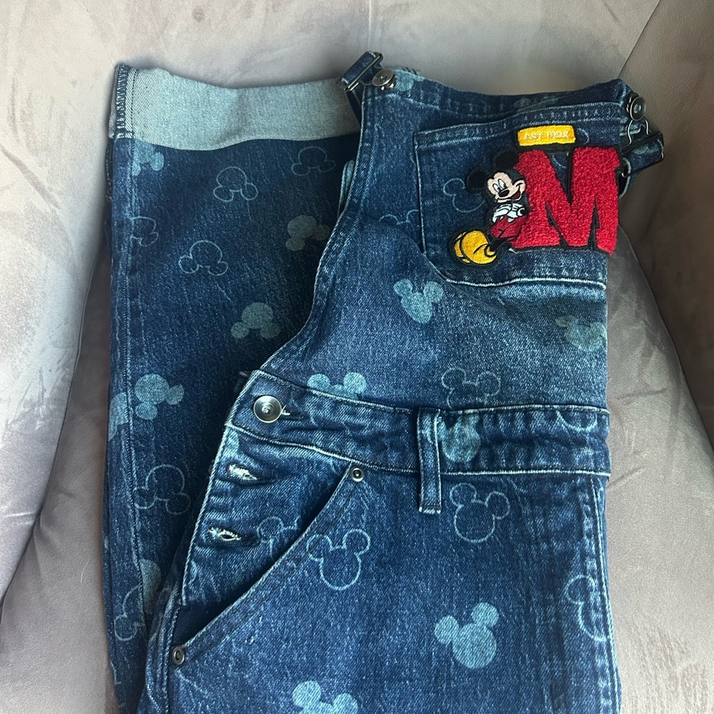 Disney Blue Denim Overalls with Mickey Mouse Patch